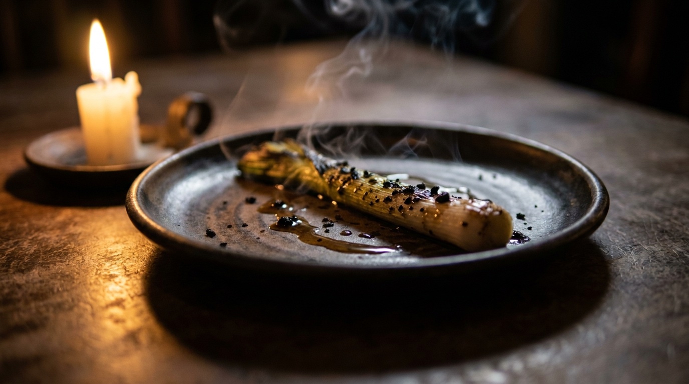 A charred whole leek on a dark ceramic plate, steam rising, lit by a single candle
