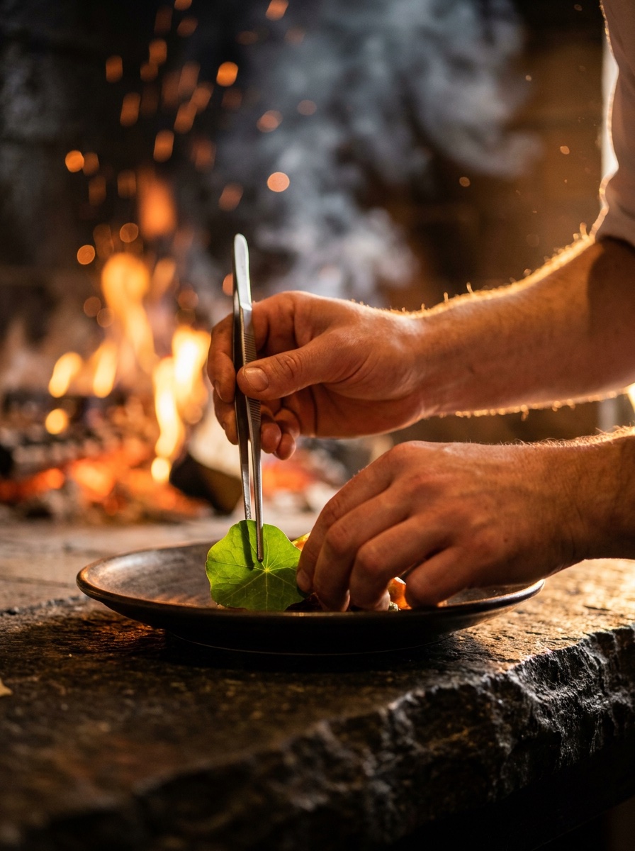 A chef's hands placing a nasturtium leaf with tweezers onto a dark plate, open fire blazing behind