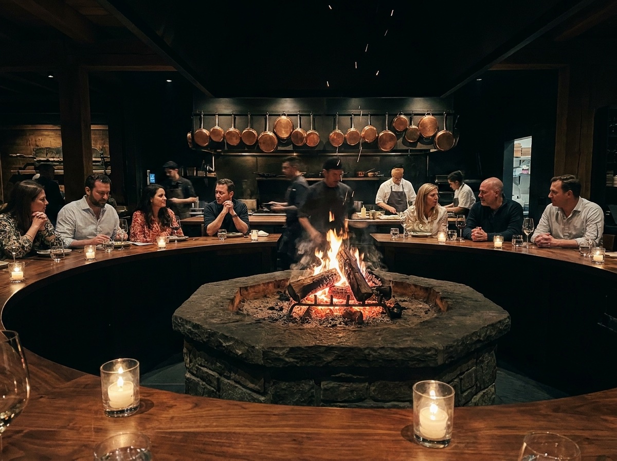 Eight diners seated at a circular wooden counter around a central stone fire pit, copper pans hanging in the open kitchen behind